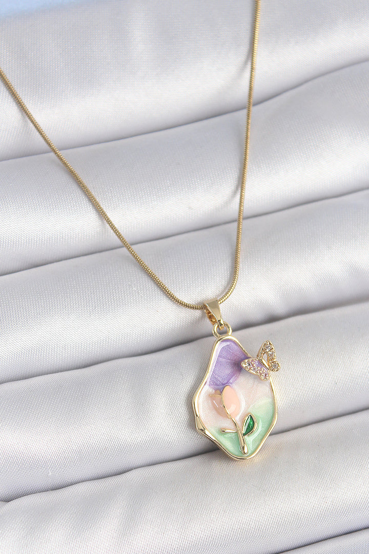 EBJ 316L Steel Gold Color Chain Drop Mixed Color Enamel Flower Embroidered Butterfly Detail Portrait Model Women's Necklace - Whanganui