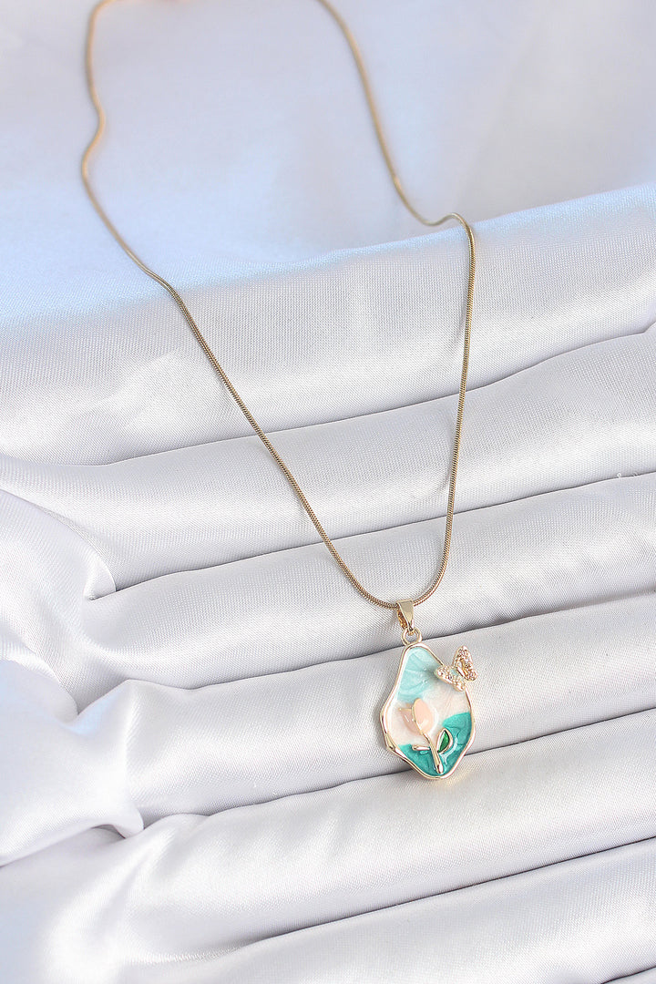 EBJ 316L Steel Gold Color Chain Drop Mixed Color Enamel Flower Embroidered Butterfly Detail Portrait Model Women's Necklace - Levittown