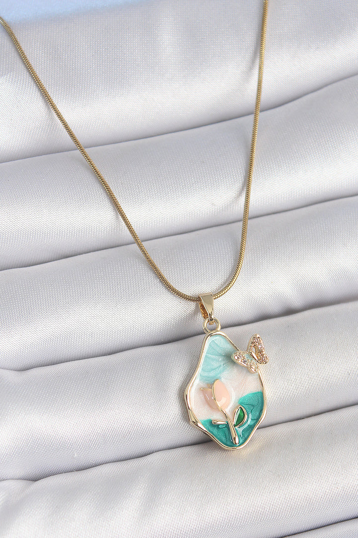 EBJ 316L Steel Gold Color Chain Drop Mixed Color Enamel Flower Embroidered Butterfly Detail Portrait Model Women's Necklace - Levittown