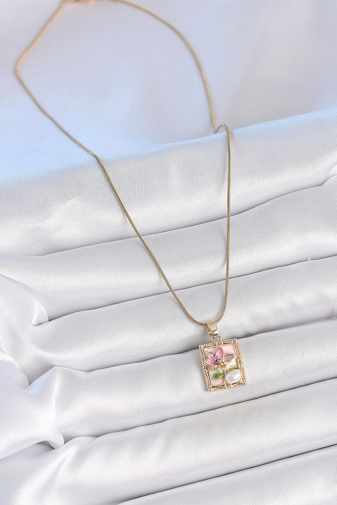 EBJ 316L Steel Gold Color Pink Enamel Flower Embroidered Pearl Detail Portrait Model Women's Necklace - Rowley Regis