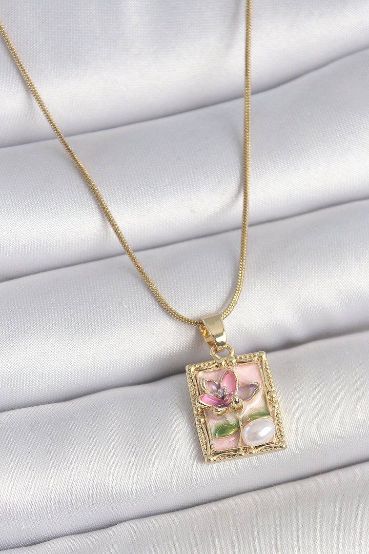 EBJ 316L Steel Gold Color Pink Enamel Flower Embroidered Pearl Detail Portrait Model Women's Necklace - Rowley Regis