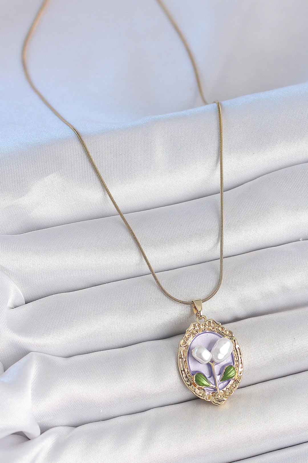 EBJ 316L Steel Gold Color Purple Pearl Flower Embroidered Portrait Model Women's Necklace - Altamonte Springs