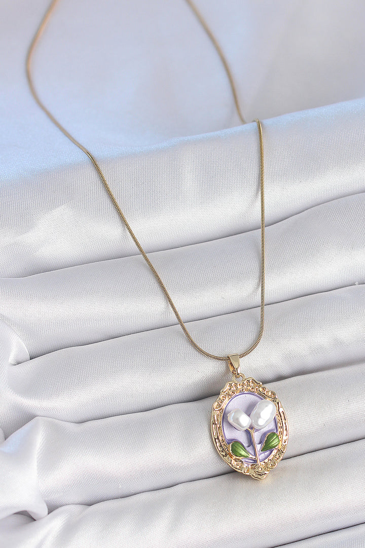 EBJ 316L Steel Gold Color Purple Pearl Flower Embroidered Portrait Model Women's Necklace - Altamonte Springs