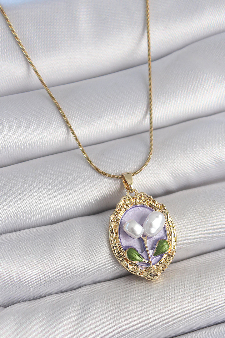 EBJ 316L Steel Gold Color Purple Pearl Flower Embroidered Portrait Model Women's Necklace - Altamonte Springs