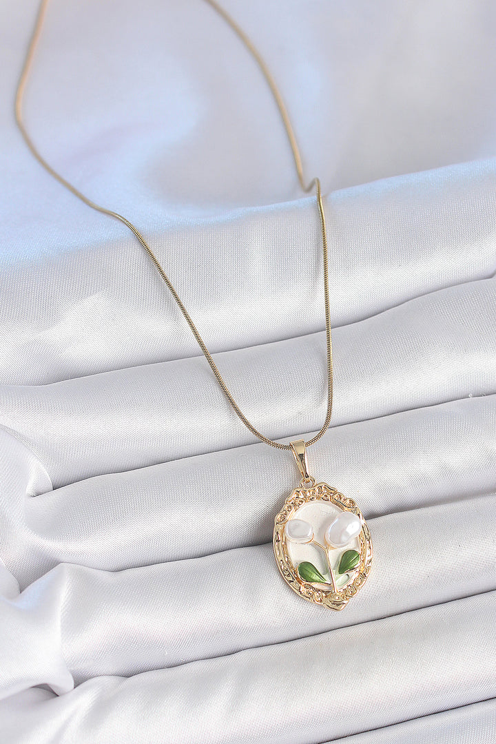 EBJ 316L Steel Gold Color Chain White Enamel Pearl Flower Embroidered Portrait Model Women's Necklace - Pleasant Grove