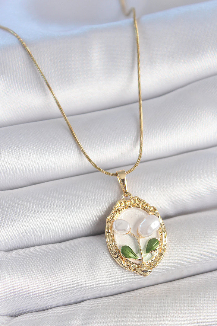 EBJ 316L Steel Gold Color Chain White Enamel Pearl Flower Embroidered Portrait Model Women's Necklace - Pleasant Grove