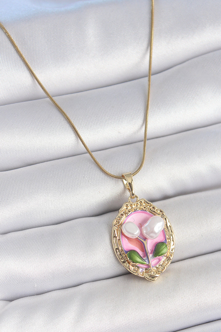 EBJ 316L Steel Gold Color Chain Pink Enamel Pearl Flower Embroidered Portrait Model Women's Necklace - Weert