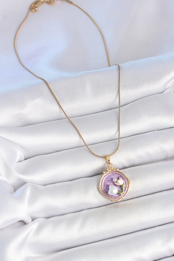 EBJ 316L Steel Gold Color Chain Purple Beaded Flower Embroidered Portrait Model Women's Necklace - Schaumburg