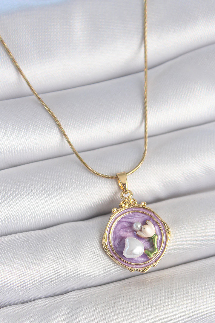 EBJ 316L Steel Gold Color Chain Purple Beaded Flower Embroidered Portrait Model Women's Necklace - Schaumburg
