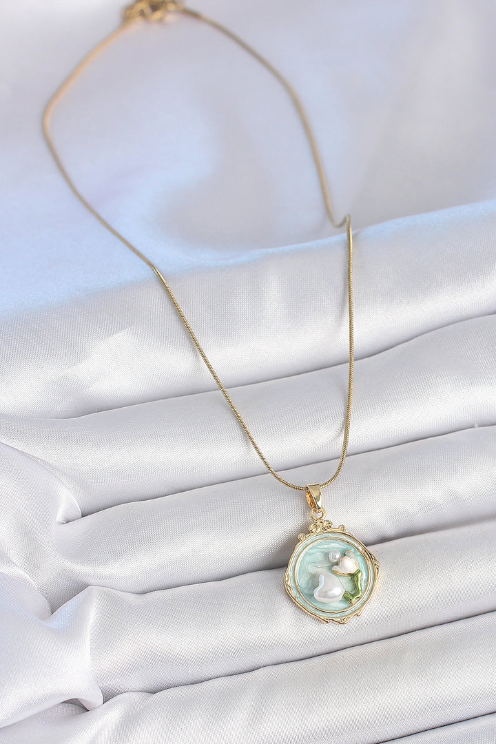 EBJ 316L Steel Gold Color Chain Turquoise Enamel Pearl Flower Embroidered Portrait Model Women's Necklace - Zacatepec