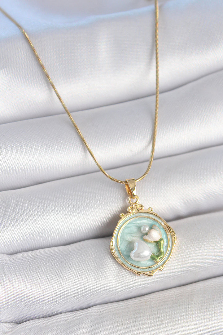 EBJ 316L Steel Gold Color Chain Turquoise Enamel Pearl Flower Embroidered Portrait Model Women's Necklace - Zacatepec