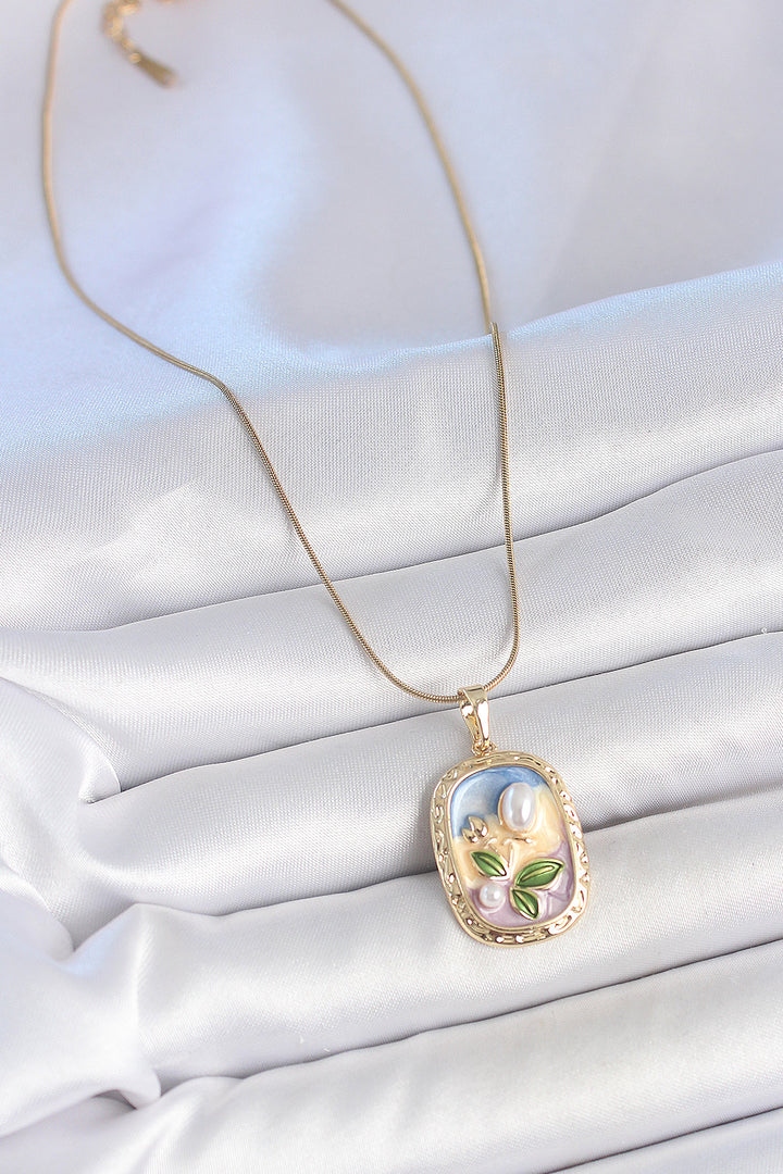EBJ 316L Steel Gold Color Chain Mixed Color Enamel Pearl Flower Embroidered Portrait Model Women's Necklace - Bruges