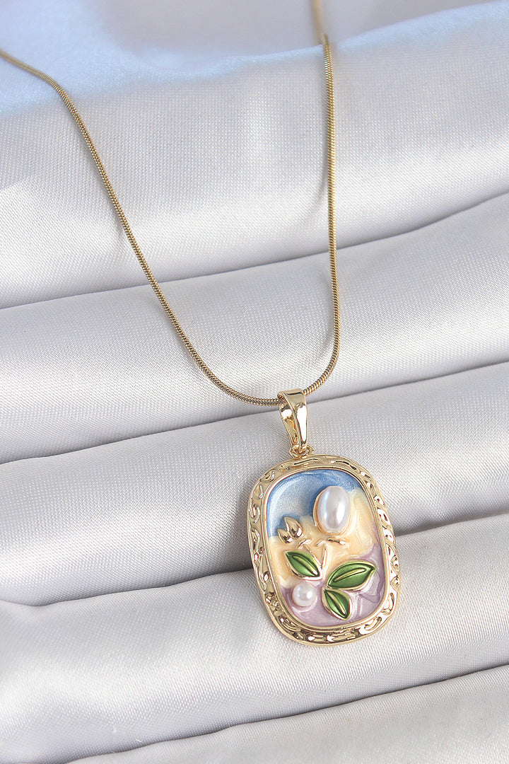 EBJ 316L Steel Gold Color Chain Mixed Color Enamel Pearl Flower Embroidered Portrait Model Women's Necklace - Bruges