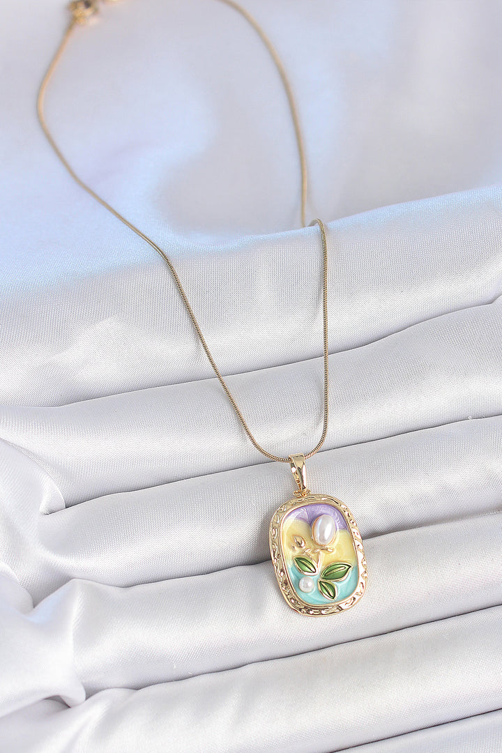 EBJ 316L Steel Gold Color Chain Pearl Flower Embroidered Portrait Model Women's Necklace - Apan