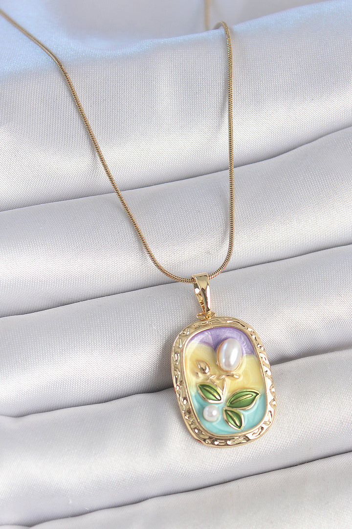 EBJ 316L Steel Gold Color Chain Pearl Flower Embroidered Portrait Model Women's Necklace - Apan