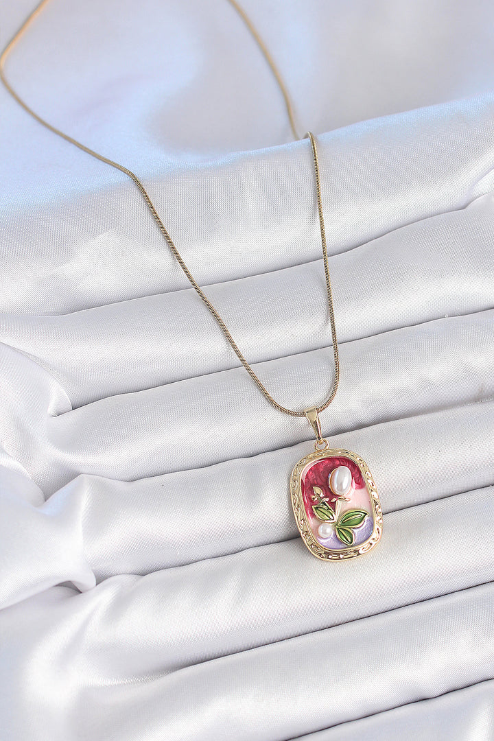 EBJ 316L Steel Gold Color Chain Mixed Color Pearl Flower Embroidered Portrait Model Women's Necklace - Narbonne