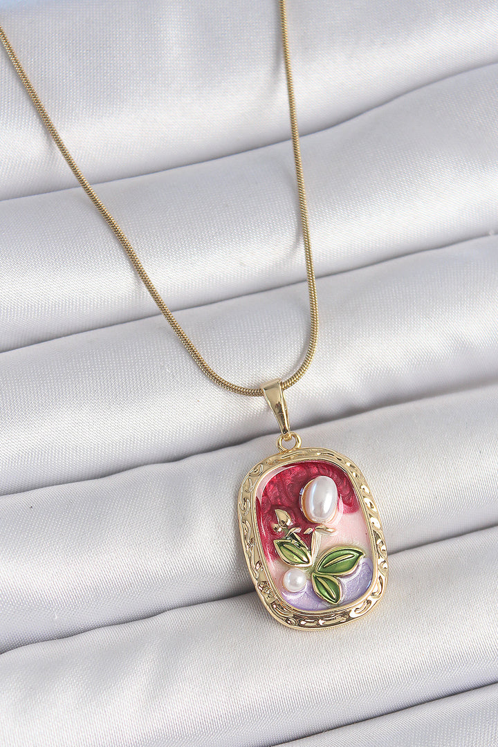 EBJ 316L Steel Gold Color Chain Mixed Color Pearl Flower Embroidered Portrait Model Women's Necklace - Narbonne