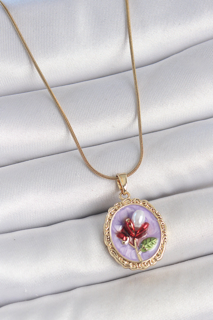EBJ 316L Steel Gold Color Chain Purple Beaded Flower Embroidered Portrait Model Women's Necklace - Trapani