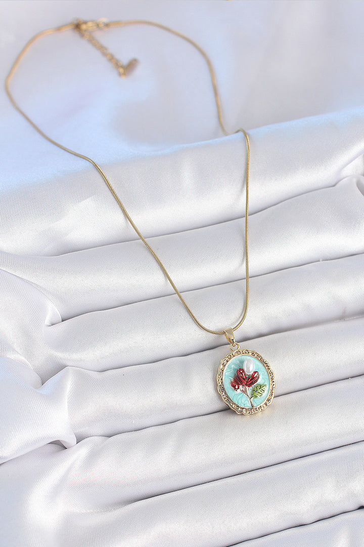 EBJ 316L Steel Gold Color Chain Turquoise Enamel Pearl Flower Embroidered Portrait Model Women's Necklace - Pomezia