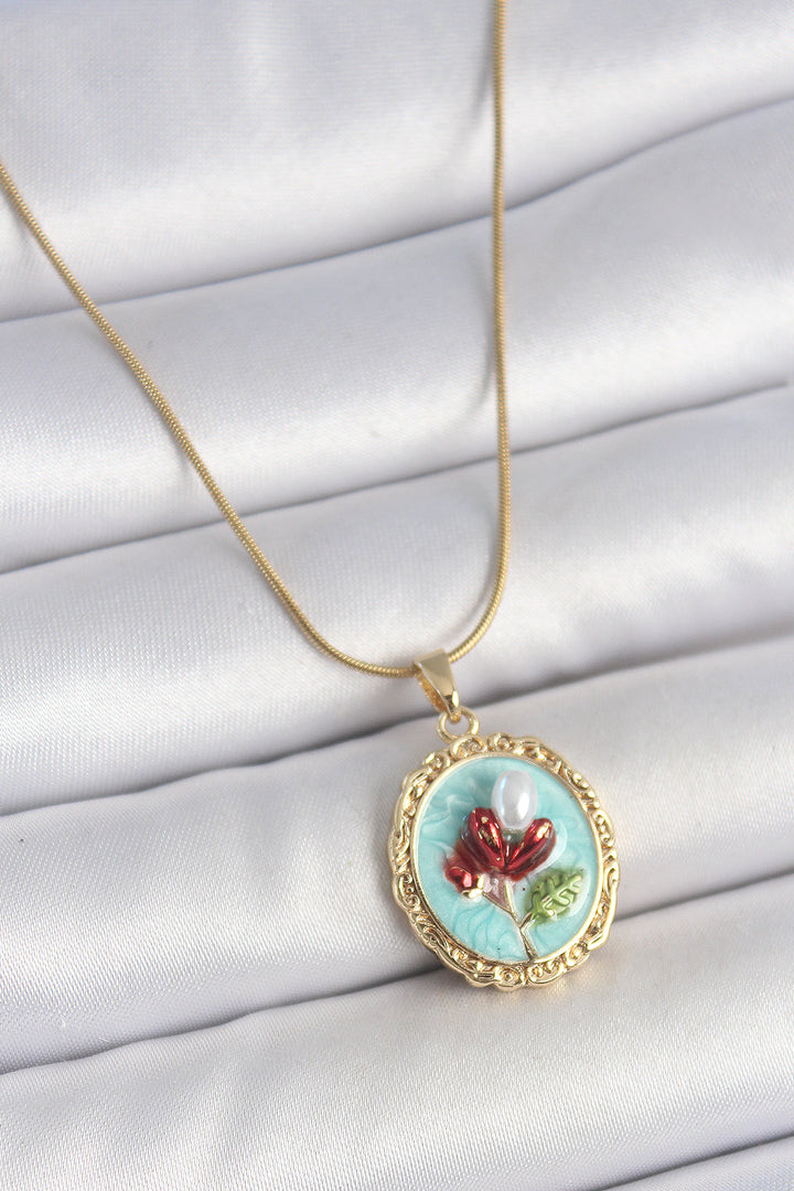 EBJ 316L Steel Gold Color Chain Turquoise Enamel Pearl Flower Embroidered Portrait Model Women's Necklace - Pomezia