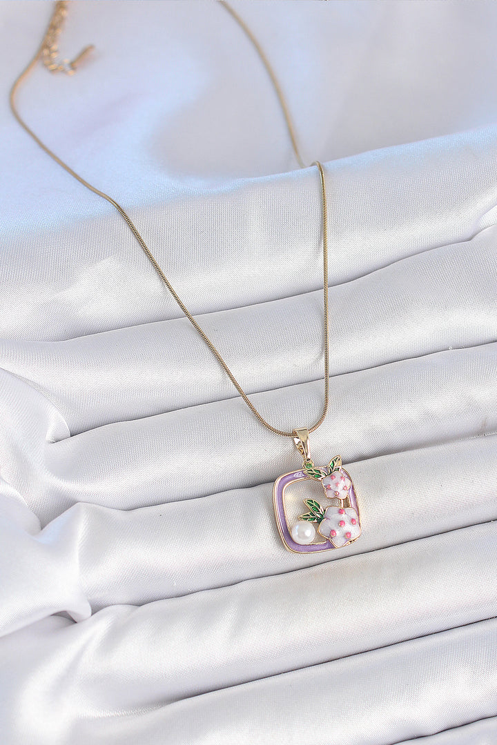 EBJ 316L Steel Gold Color Chain Purple Enamel Square Pattern Flower Embroidered Pearl Detail Women's Necklace - Esposende