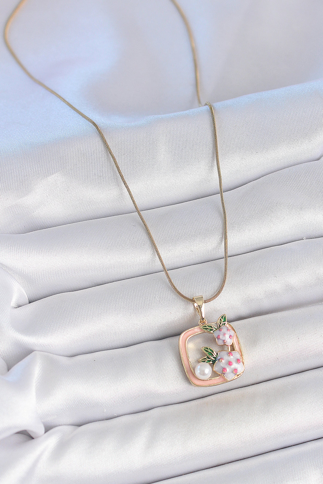 EBJ 316L Steel Gold Color Chain Pink Enamel Square Model Flower Embroidered Pearl Detail Women's Necklace - Huntsville