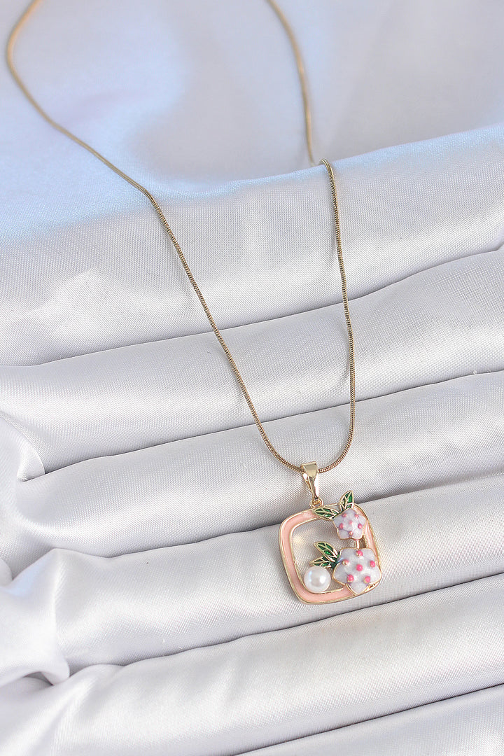 EBJ 316L Steel Gold Color Chain Pink Enamel Square Model Flower Embroidered Pearl Detail Women's Necklace - Huntsville