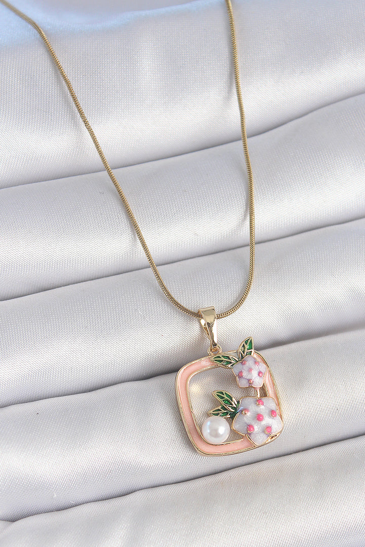 EBJ 316L Steel Gold Color Chain Pink Enamel Square Model Flower Embroidered Pearl Detail Women's Necklace - Huntsville