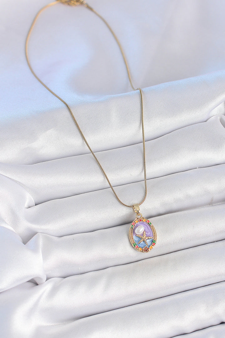 EBJ 316L Steel Gold Color Chain Mixed Color Starfish Embroidered Colorful Flower Detail Portrait Model Women's Necklace - Noisy-le-Sec