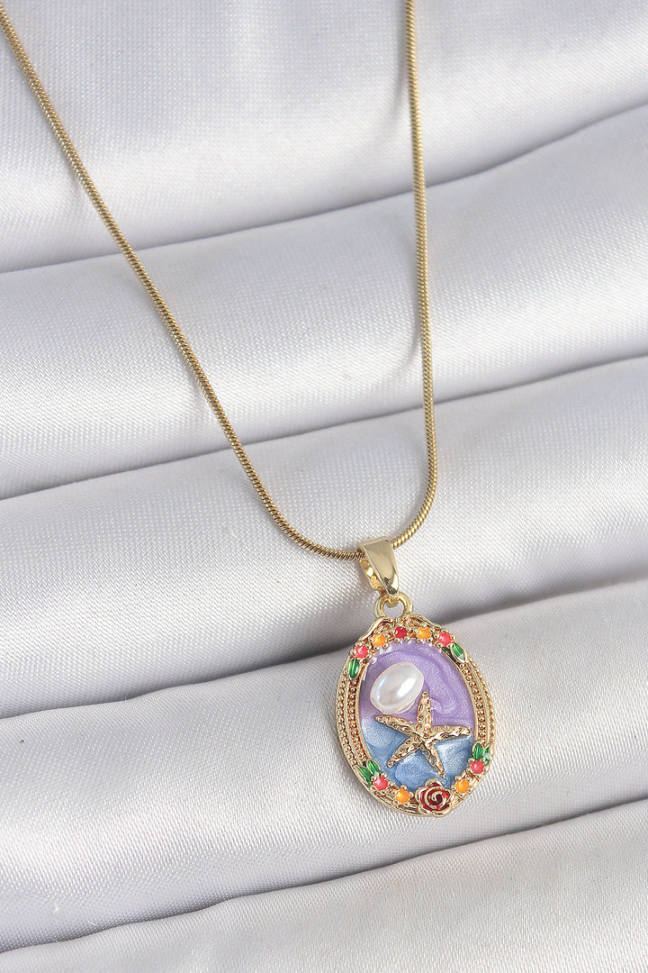 EBJ 316L Steel Gold Color Chain Mixed Color Starfish Embroidered Colorful Flower Detail Portrait Model Women's Necklace - Noisy-le-Sec