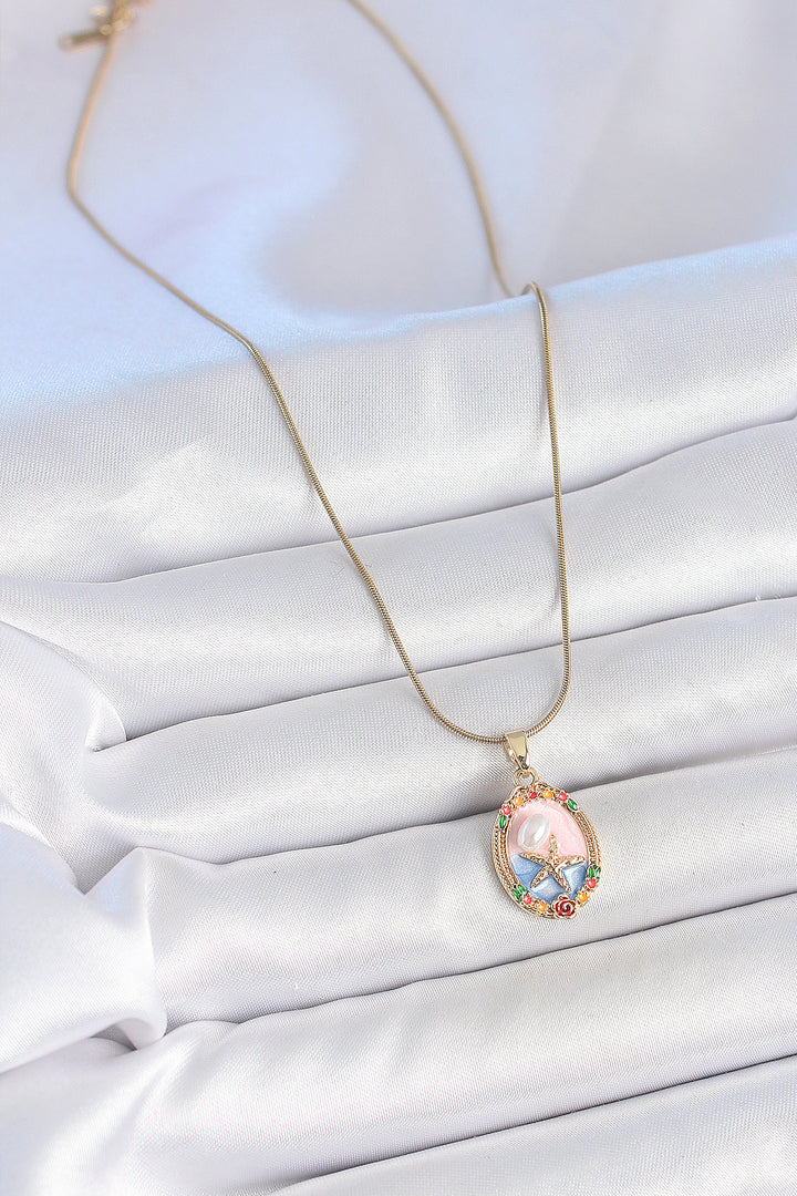 EBJ 316L Steel Gold Color Chain Mixed Color Starfish Embroidered Pearl Detail Portrait Model Women's Necklace - Pico Rivera