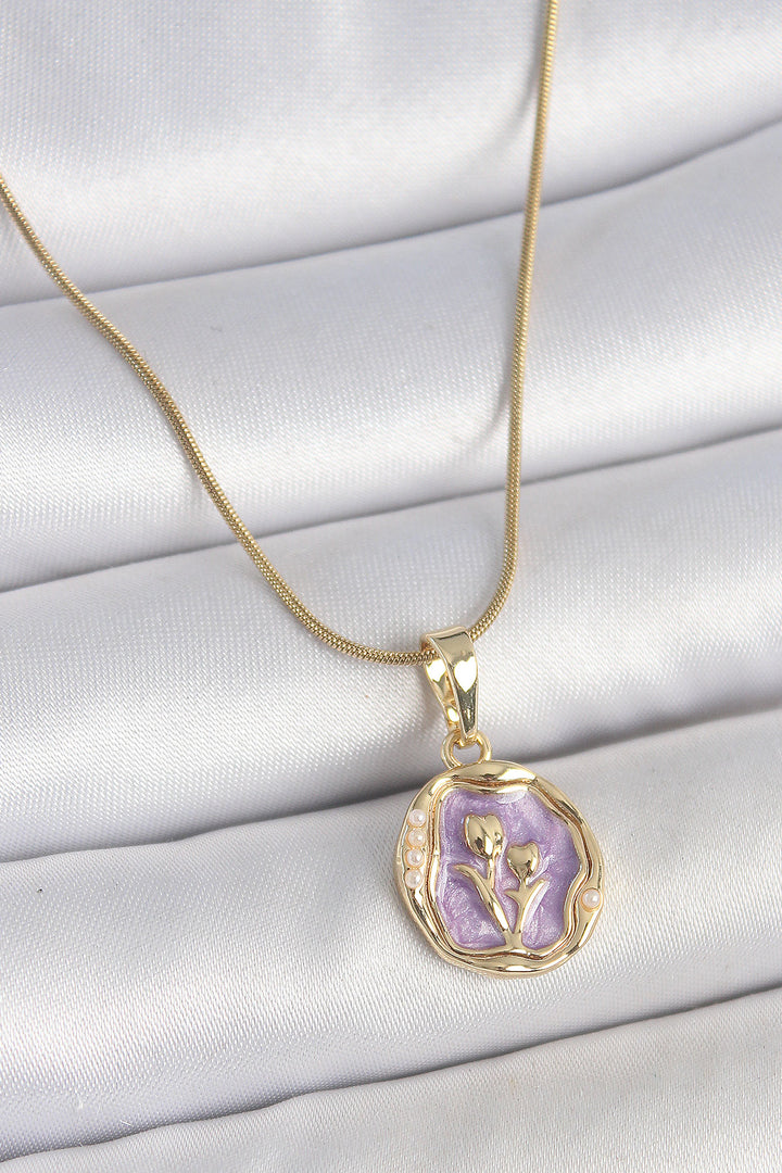 EBJ 316L Steel Gold Color Chain Purple Enamel Flower Embroidered Portrait Model Women's Necklace - Pontiac