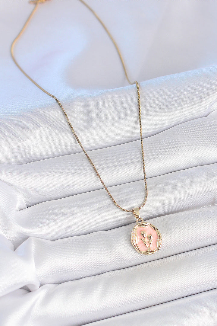 EBJ 316L Steel Gold Color Chain Pink Enamel Flower Embroidered Portrait Model Women's Necklace - Jackson