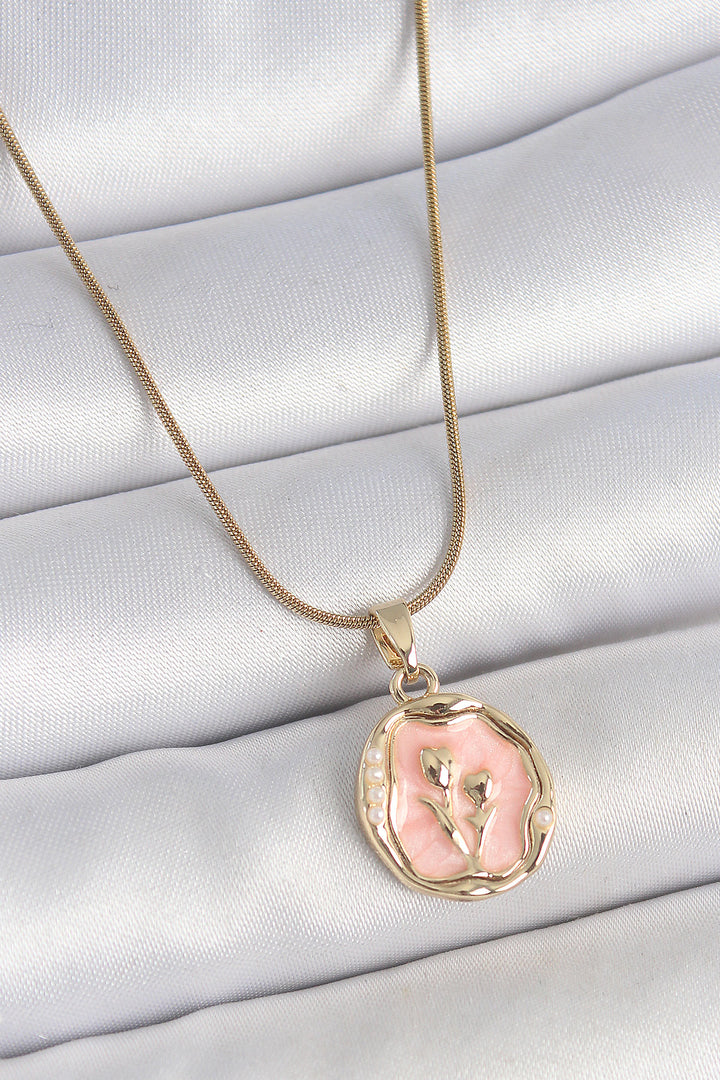 EBJ 316L Steel Gold Color Chain Pink Enamel Flower Embroidered Portrait Model Women's Necklace - Jackson