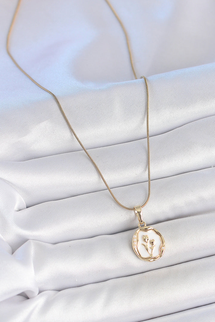 EBJ 316L Steel Gold Color Chain White Enamel Flower Embroidered Portrait Model Women's Necklace - Topeka