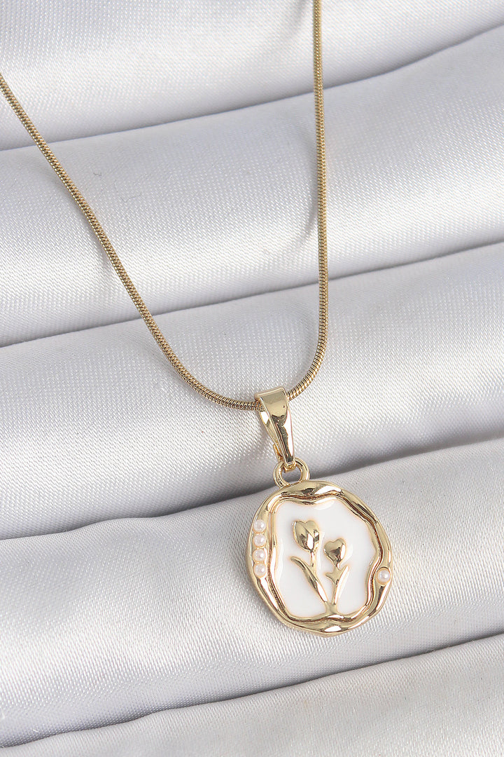 EBJ 316L Steel Gold Color Chain White Enamel Flower Embroidered Portrait Model Women's Necklace - Topeka