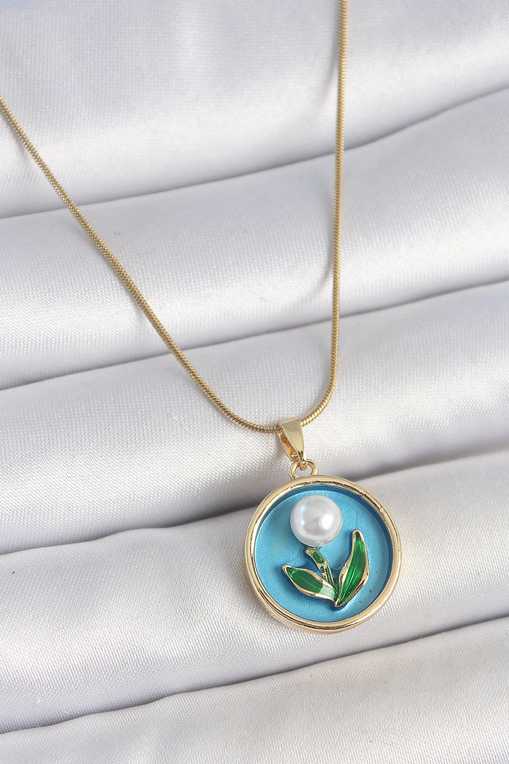 EBJ 316L Steel Gold Color Chain Blue Enamel Pearl Flower Embroidered Portrait Model Women's Necklace - Ocotlán