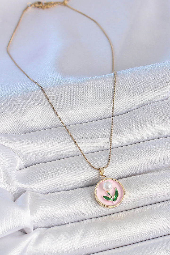 EBJ 316L Steel Gold Color Chain Pink Enamel Pearl Flower Embroidered Portrait Model Women's Necklace - Potsdam