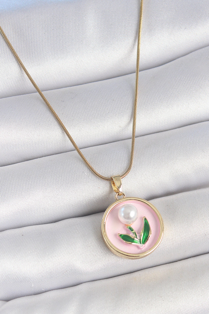 EBJ 316L Steel Gold Color Chain Pink Enamel Pearl Flower Embroidered Portrait Model Women's Necklace - Potsdam