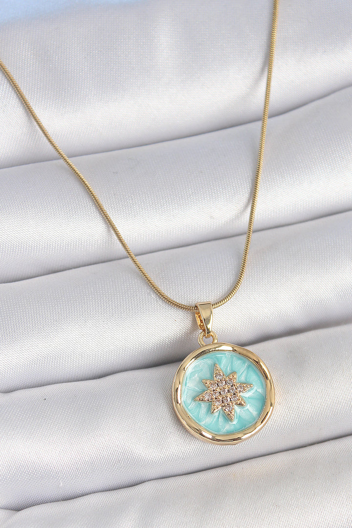 EBJ 316L Steel Gold Color Chain Blue Enamel Zircon Stone North Star Embellished Medal Model Women's Necklace - Vaudreuil-Dorion