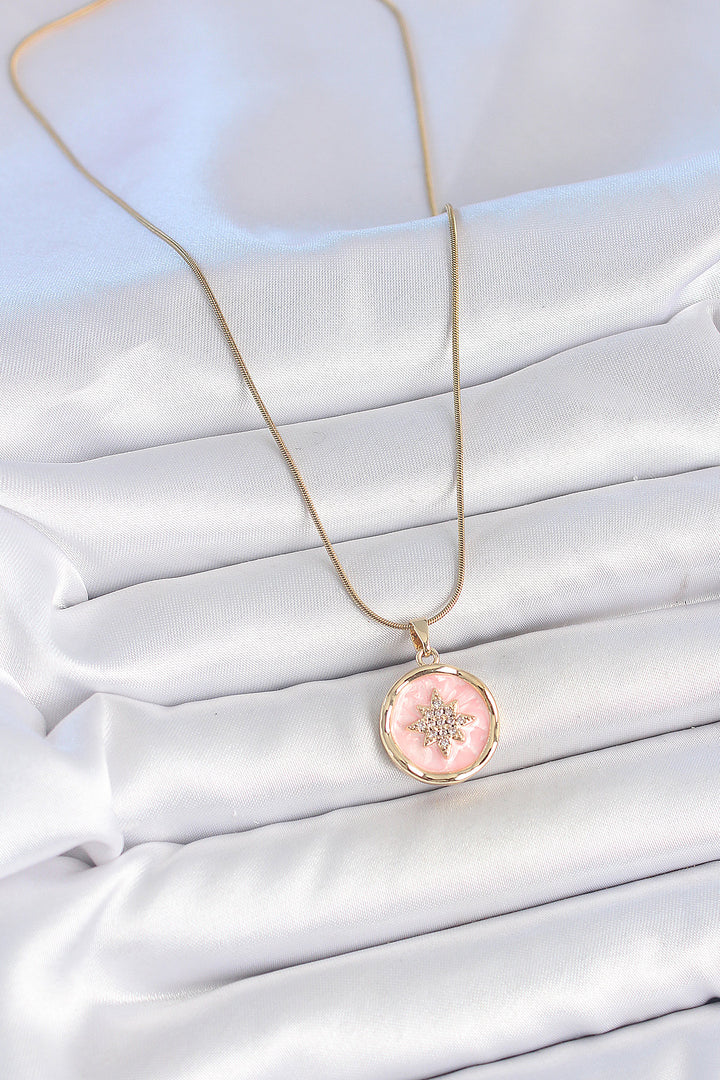 EBJ 316L Steel Gold Color Chain Pink Enamel Zircon Stone North Star Embroidered Medal Model Women's Necklace - Iaşi