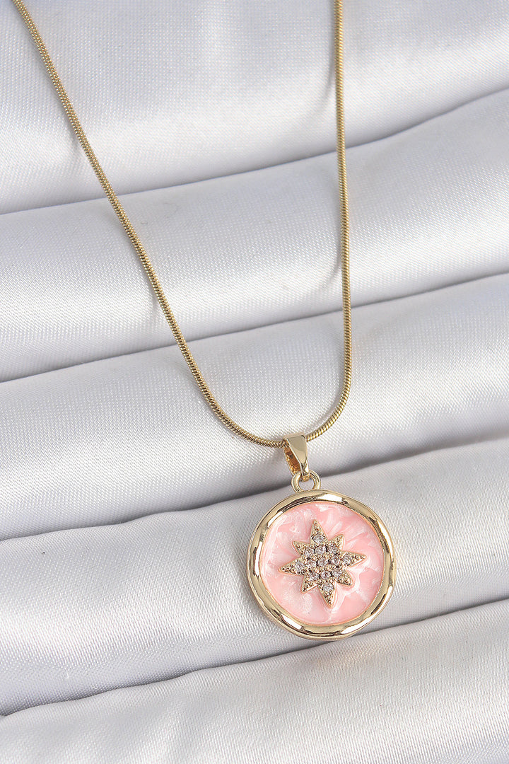 EBJ 316L Steel Gold Color Chain Pink Enamel Zircon Stone North Star Embroidered Medal Model Women's Necklace - Iaşi