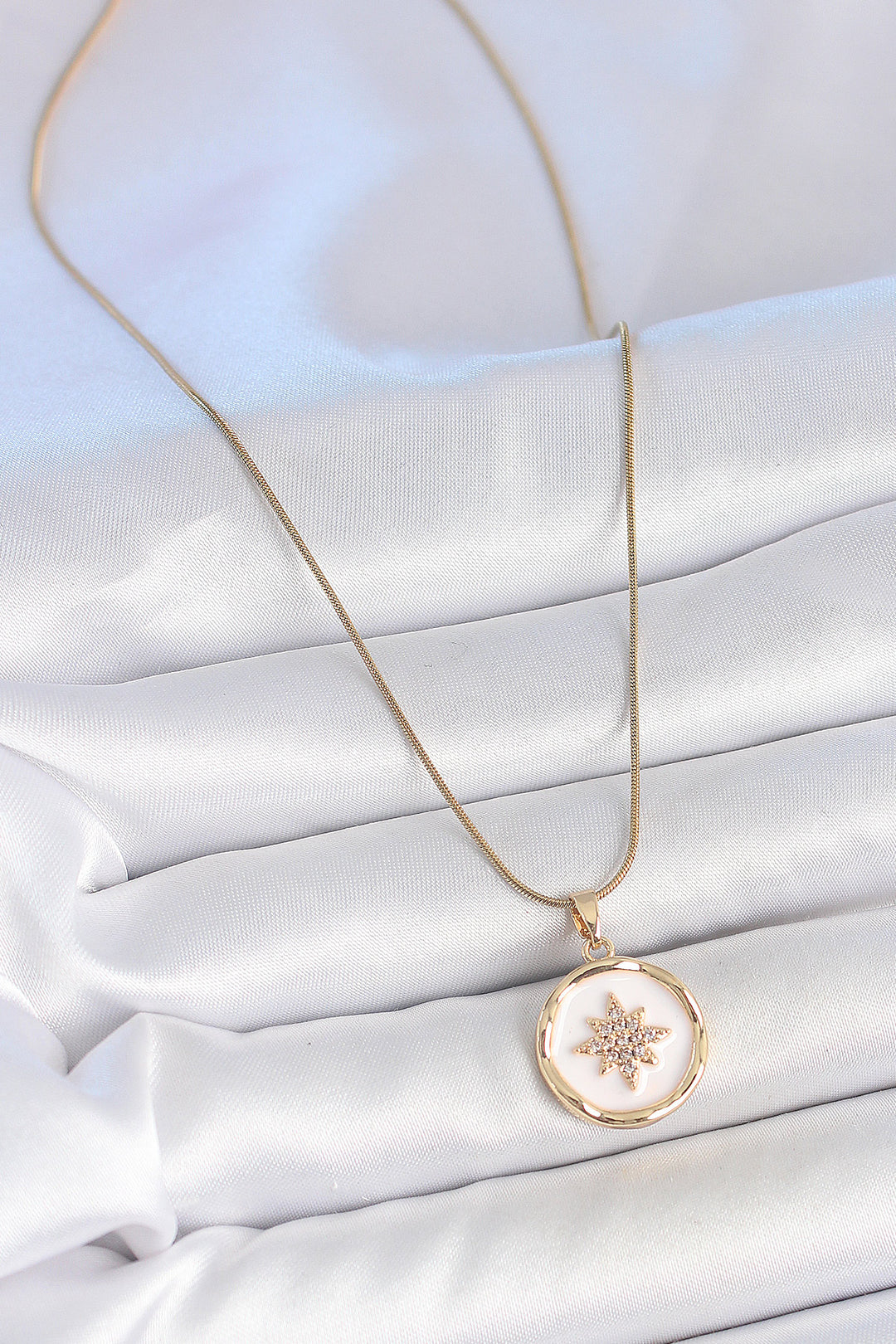 EBJ 316L Steel Gold Color Chain White Enamel Zircon Stone North Star Embroidered Medal Model Women's Necklace - Peterborough