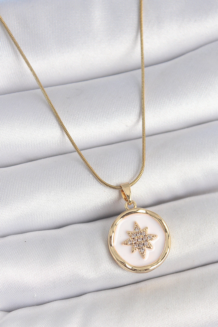 EBJ 316L Steel Gold Color Chain White Enamel Zircon Stone North Star Embroidered Medal Model Women's Necklace - Peterborough