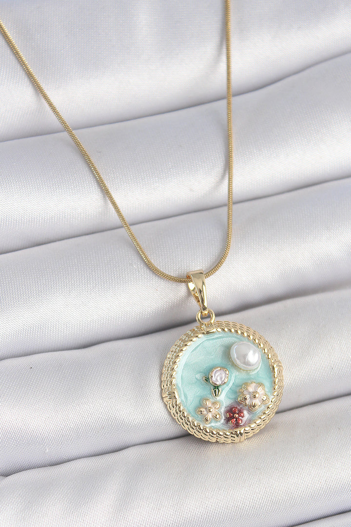EBJ 316L Steel Gold Color Chain Blue Enamel Pearl Flower Embroidered Zircon Stone Detailed Medal Model Women's Necklace - Franklin
