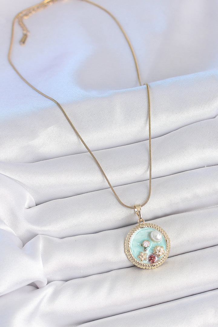 EBJ 316L Steel Gold Color Chain Blue Enamel Pearl Flower Embroidered Zircon Stone Detailed Medal Model Women's Necklace - Franklin