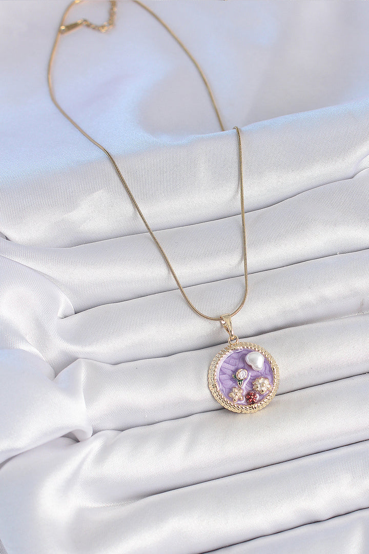 EBJ 316L Steel Gold Color Chain Purple Beaded Flower Embroidered Medal Model Women's Necklace - St. Thomas