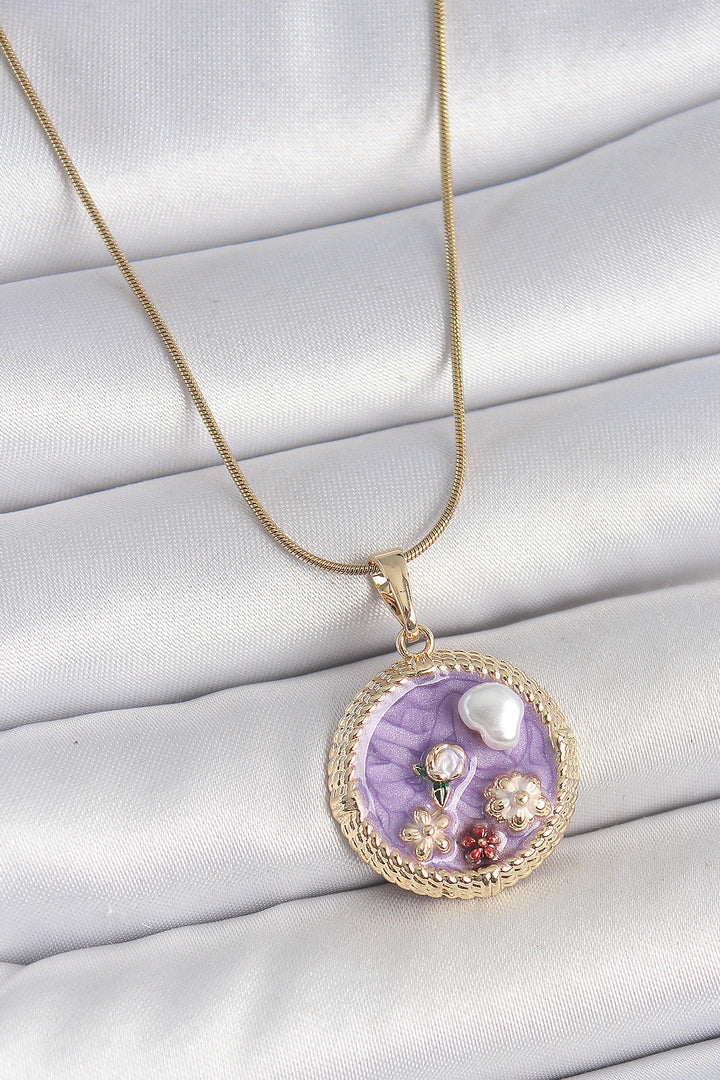 EBJ 316L Steel Gold Color Chain Purple Beaded Flower Embroidered Medal Model Women's Necklace - St. Thomas
