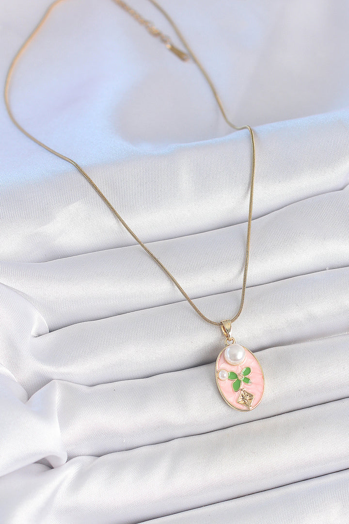 EBJ 316L Steel Gold Color Chain Pink Enamel Oval Pearl Flower Embroidered Portrait Model Women's Necklace - Kifisiá
