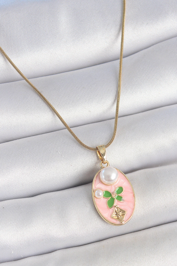 EBJ 316L Steel Gold Color Chain Pink Enamel Oval Pearl Flower Embroidered Portrait Model Women's Necklace - Kifisiá